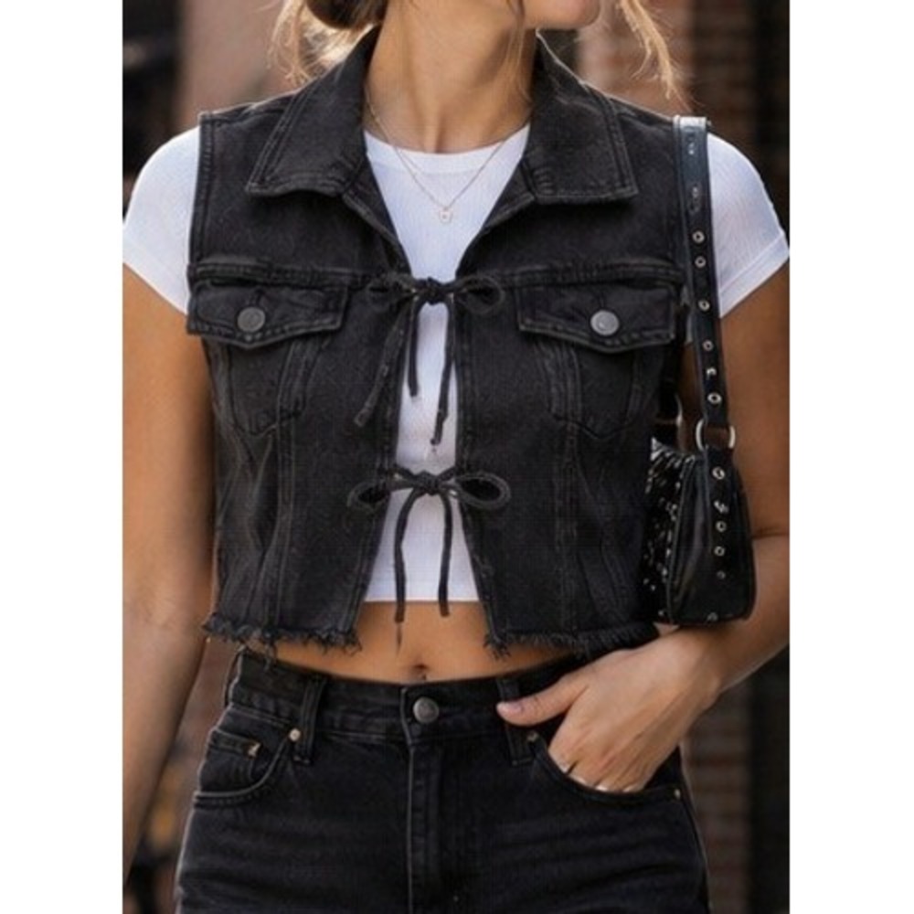 Madden NYC Black Denim Tie Front Vest Cropped Frayed Hem XS Y2K Grunge Edgy Rock
